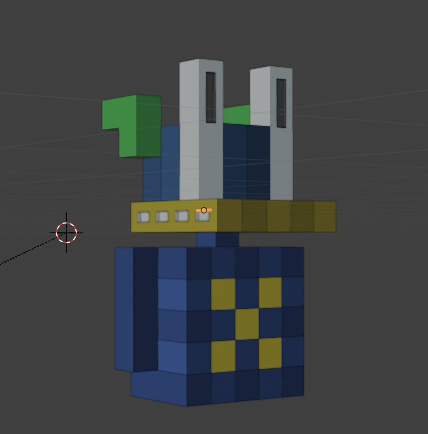 Blender viewport showing the elevated upper assembly and neck connecting it to the body